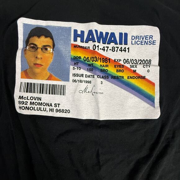Superbad McLovin Hawaii Driver License Black Graphic T-Shirt Unisex (80) - Picture 3 of 6